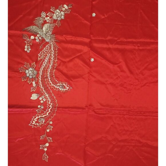 Hand Beaded Floral Bird of Paradise Red Satin Fabric for Wall Hanging or Garment - Picture 2 of 9